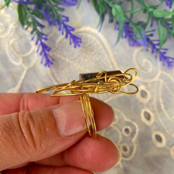 Unique Ocean Jasper In Gold Wire Wrap Artisan Crafted Ring - Picture 6 of 10